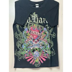 Vintage Ed Hardy "Love Kills Slowly" Skull Embellished Black Tee Shirt Women's